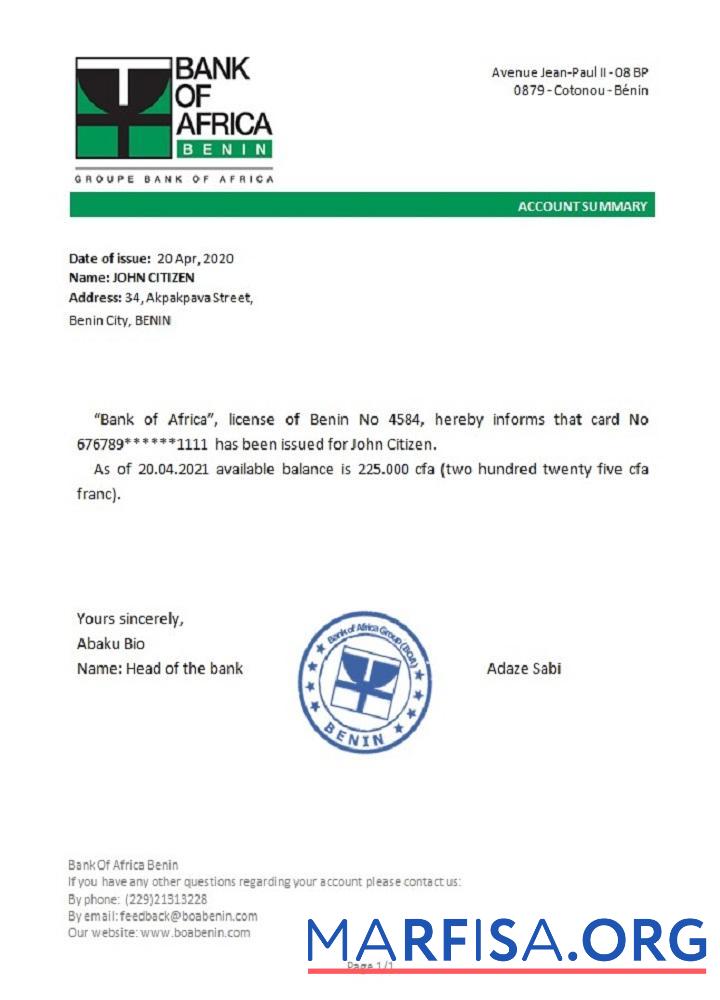 Printable Benin BankofAfrica reference sample